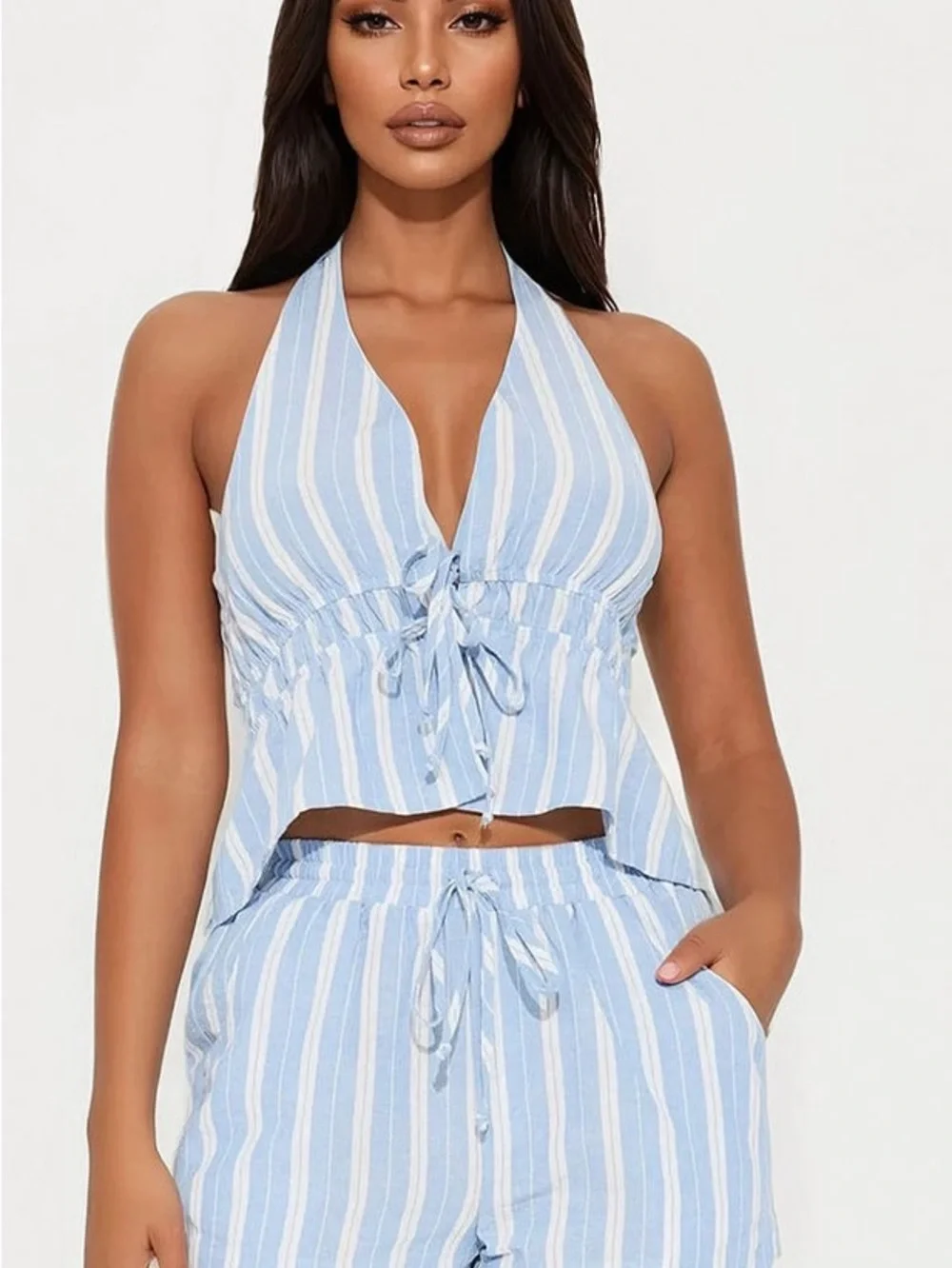 Light Blue & White Striped Halter Tie-Front Top With Matching Shorts - Set